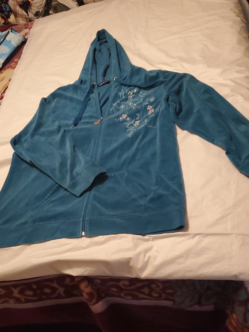 Penningtons size 0x Teal Hooded Zip-Up Hoodie with Embroidered Floral Detail